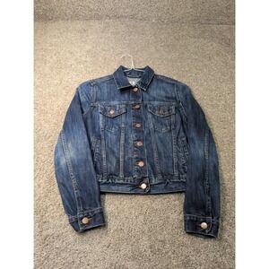 Gap 1969 Womens Denim Jacket Dark Wash Cotton Trucker Petite XS RN54023 Blue